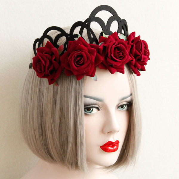 Halloween Lady Hairband Bridal Party Rose Flower Lace Headband Garland Hair Hoop