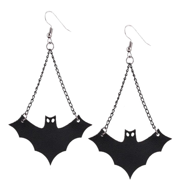 Womens Girl's Vintage Retro Fashion Halloween Black  Leather Bat Hook Earring