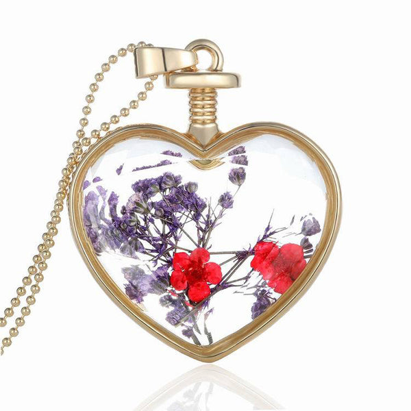 Women Dry Flower Heart Glass Wishing Bottle Pendant Necklace